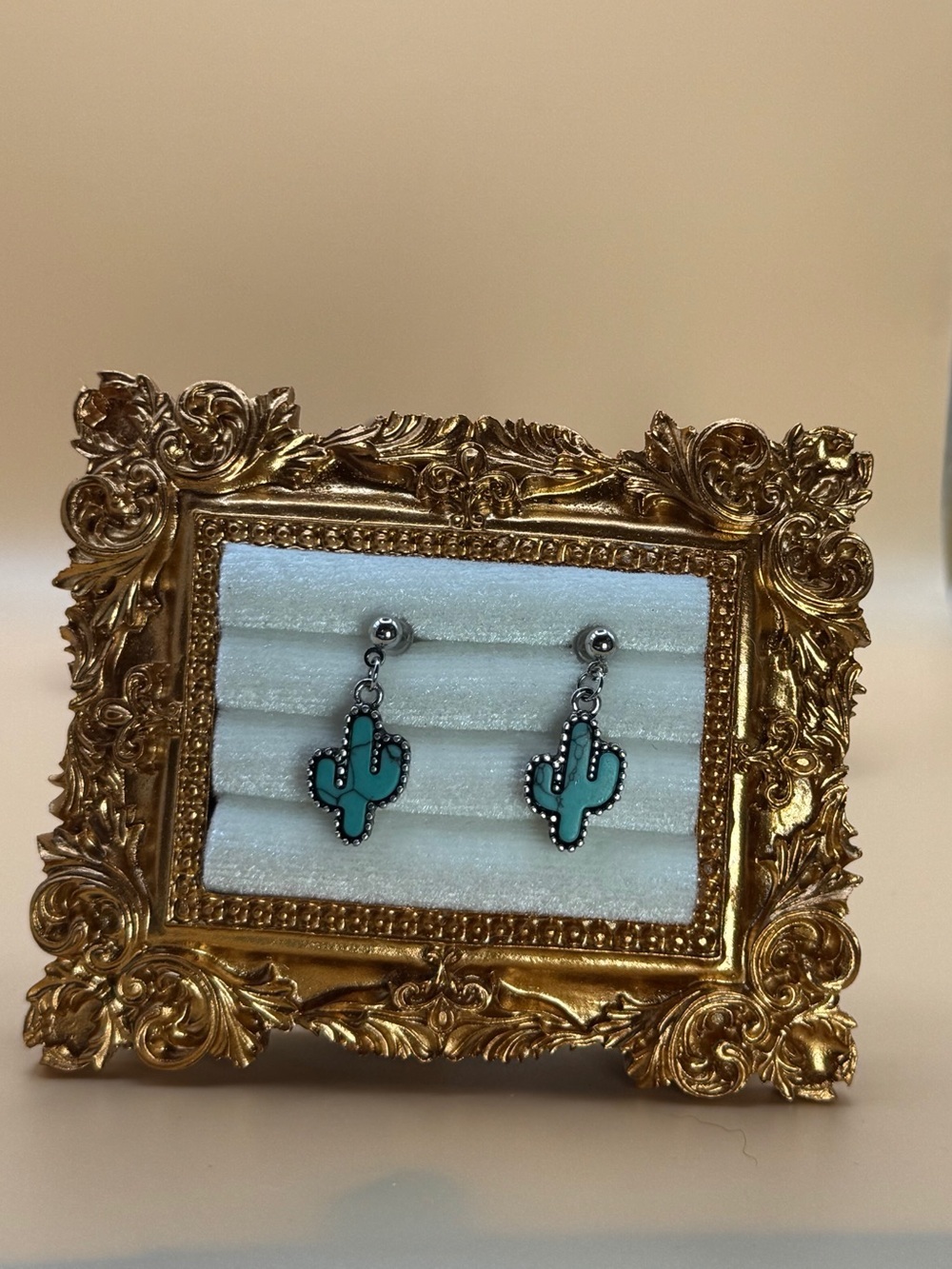 🌵Turquoise Cactus Dangle Earrings Western Southwest Boho Silver Tone